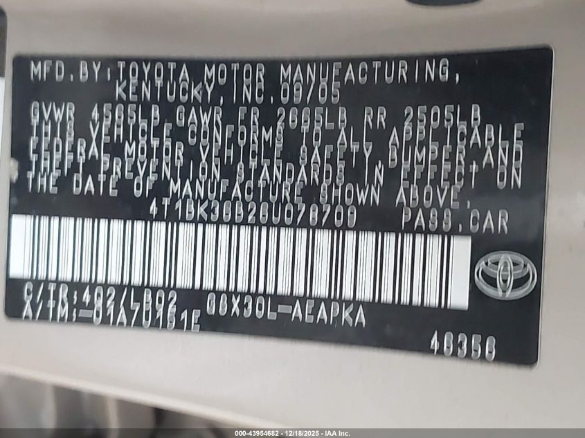 2006 Toyota Avalon Limited VIN: 4T1BK36B26U078709 Lot: 43954682