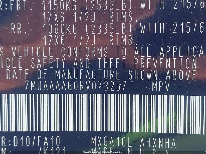 2024 Toyota Corolla Cross L VIN: 7MUAAAAG0RV073257 Lot: 43954685