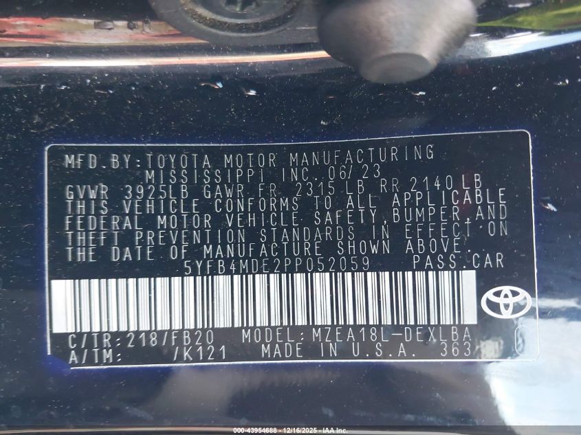 2023 Toyota Corolla Le VIN: 5YFB4MDE2PP052059 Lot: 43954688