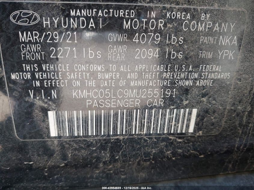 2021 Hyundai Ioniq Hybrid Limited VIN: KMHC05LC9MU255191 Lot: 43954689