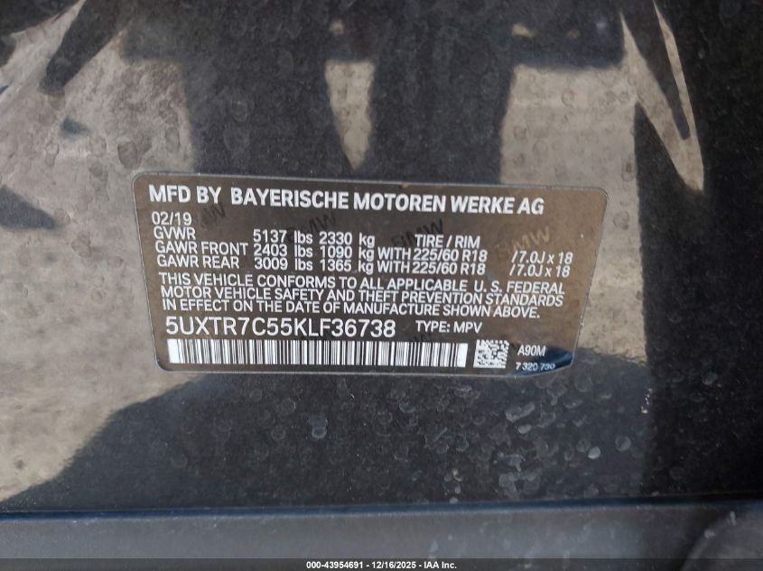 2019 BMW X3 Sdrive30I VIN: 5UXTR7C55KLF36738 Lot: 43954691