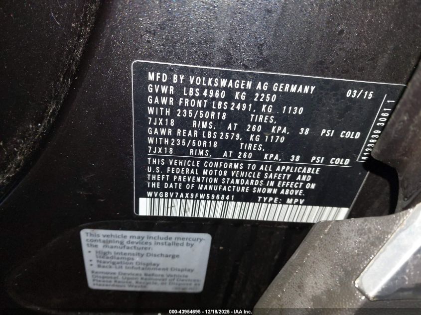 2015 Volkswagen Tiguan Sel VIN: WVGBV7AX9FW596841 Lot: 43954695