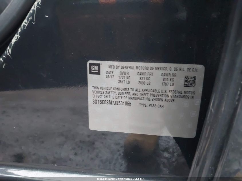 2018 Chevrolet Cruze Lt Auto VIN: 3G1BE6SM7JS531065 Lot: 43954703