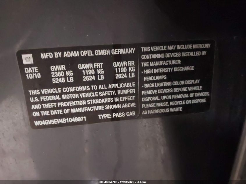 2011 Buick Regal Cxl Turbo Russelsheim VIN: W04GV5EV4B1049971 Lot: 43954705