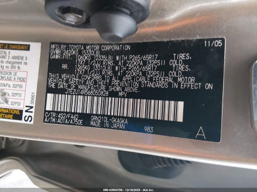 2006 Toyota 4Runner Sr5 V6 VIN: JTEZU14R568050828 Lot: 43954706