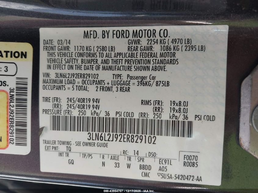 2014 Lincoln Mkz VIN: 3LN6L2J92ER829102 Lot: 43954707