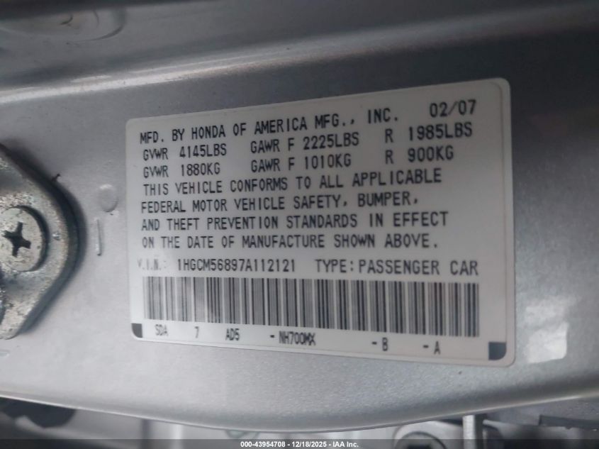 2007 Honda Accord 2.4 Ex VIN: 1HGCM56897A112121 Lot: 43954708