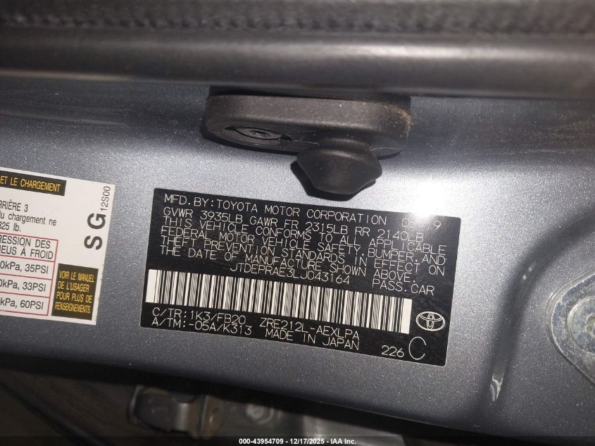 2020 Toyota Corolla Le VIN: JTDEPRAE3LJ043164 Lot: 43954709