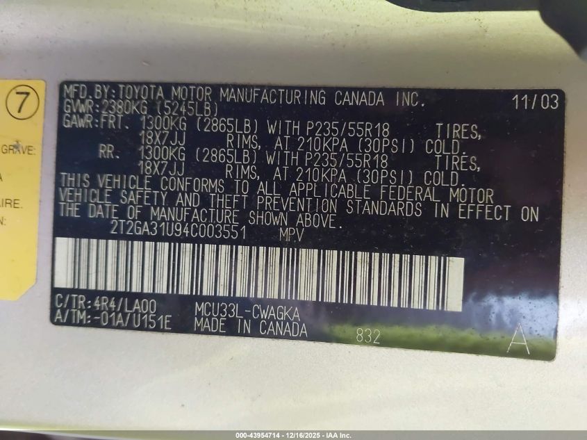 2004 Lexus Rx 330 VIN: 2T2GA31U94C003551 Lot: 43954714