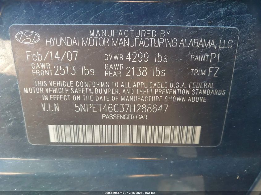 2007 Hyundai Sonata Gls VIN: 5NPET46C37H288647 Lot: 43954717