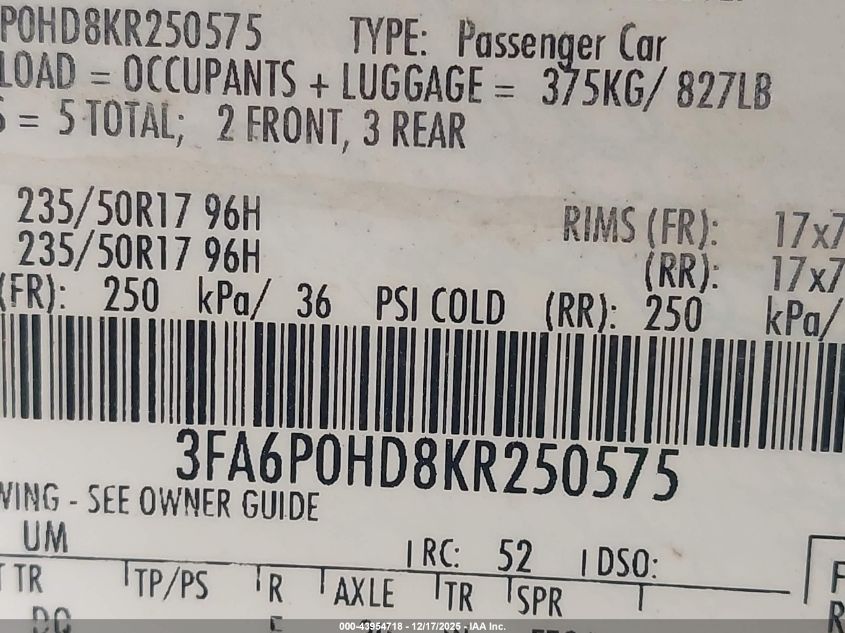 2019 Ford Fusion Se VIN: 3FA6P0HD8KR250575 Lot: 43954718