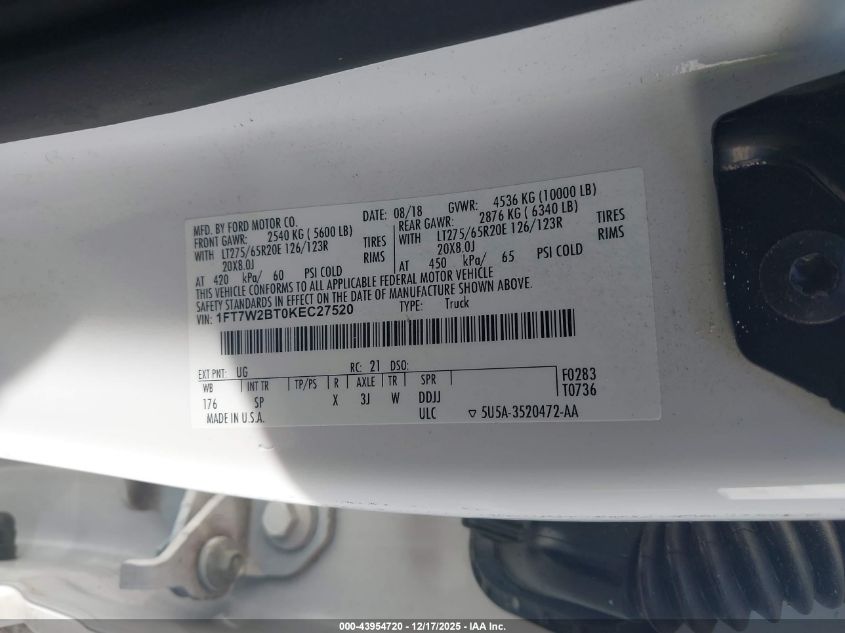 2019 Ford F-250 King Ranch VIN: 1FT7W2BT0KEC27520 Lot: 43954720