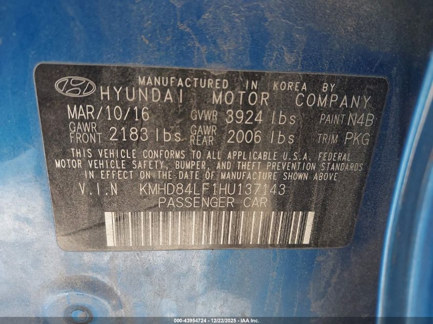 2017 Hyundai Elantra Se VIN: KMHD84LF1HU137143 Lot: 43954724