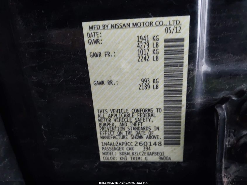 2012 Nissan Altima 2.5 S VIN: 1N4AL2AP9CC260148 Lot: 43954726