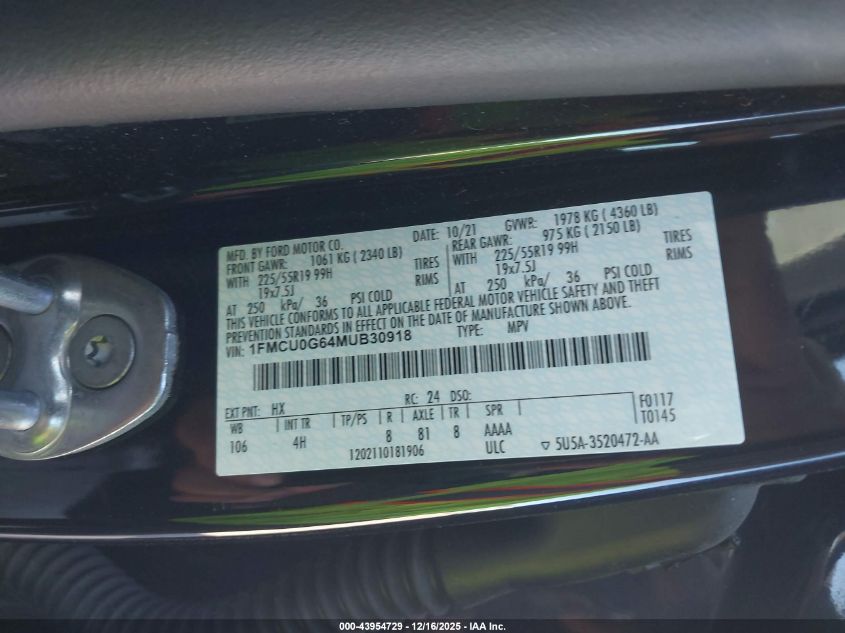 2021 Ford Escape Se VIN: 1FMCU0G64MUB30918 Lot: 43954729