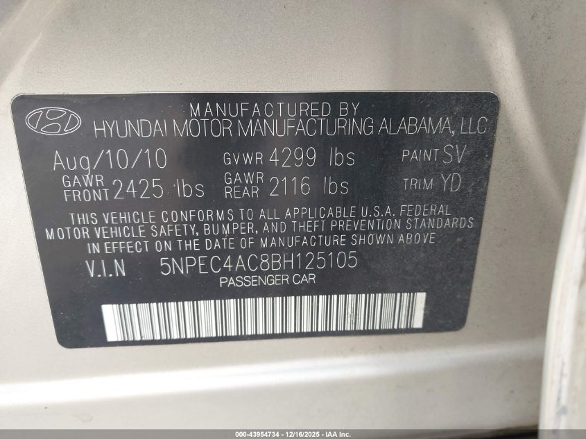 2011 Hyundai Sonata Limited VIN: 5NPEC4AC8BH125105 Lot: 43954734