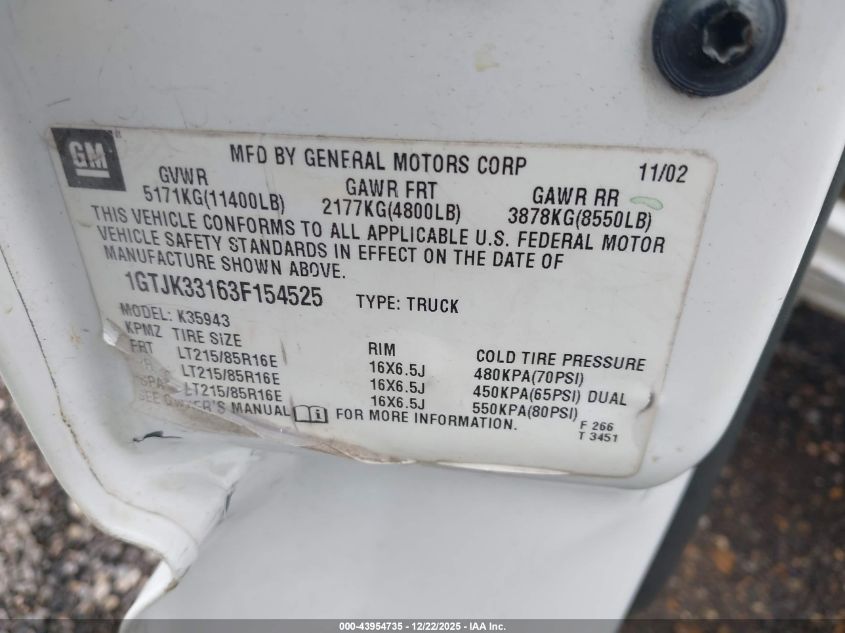 2003 GMC Sierra 3500 Sle VIN: 1GTJK33163F154525 Lot: 43954735