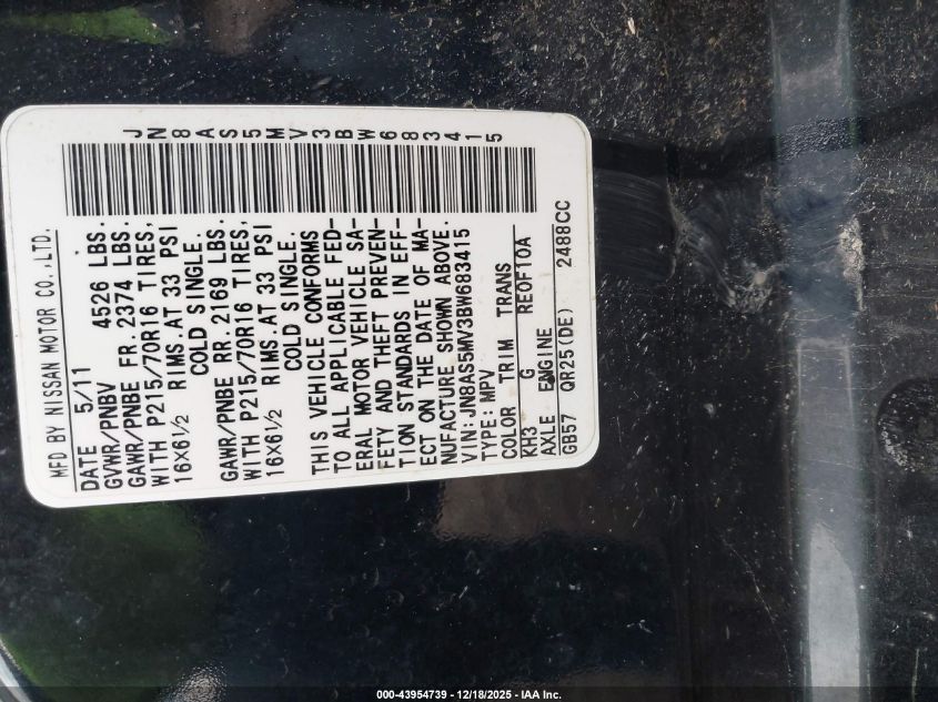 2011 Nissan Rogue S VIN: JN8AS5MV3BW683415 Lot: 43954739