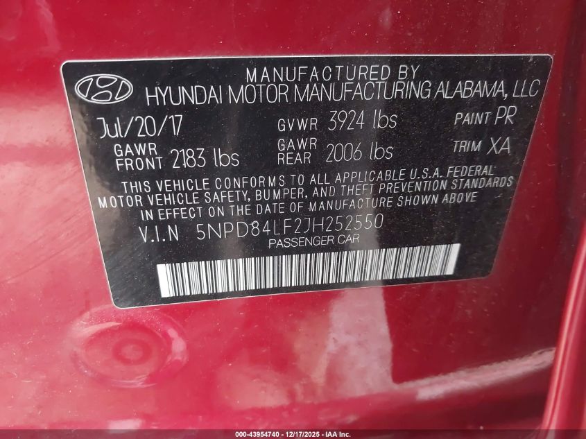 2018 Hyundai Elantra Sel VIN: 5NPD84LF2JH252550 Lot: 43954740