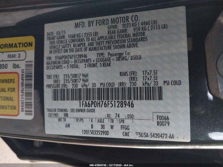 2015 Ford Fusion Se VIN: 1FA6P0H76F5128946 Lot: 43954745