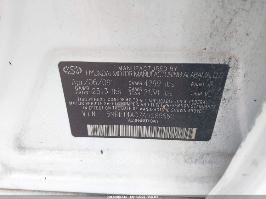2010 Hyundai Sonata Gls VIN: 5NPET4AC7AH585662 Lot: 43954744