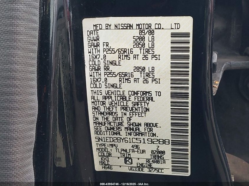 2001 Nissan Xterra Se VIN: 5N1ED28Y61C519288 Lot: 43954746