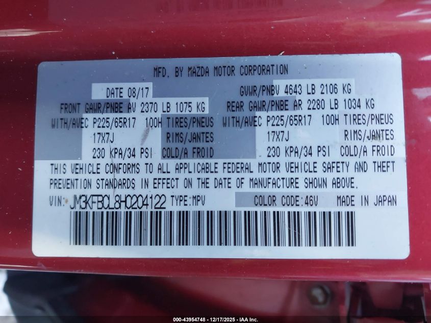 2017 Mazda Cx-5 Touring VIN: JM3KFBCL8H0204122 Lot: 43954748
