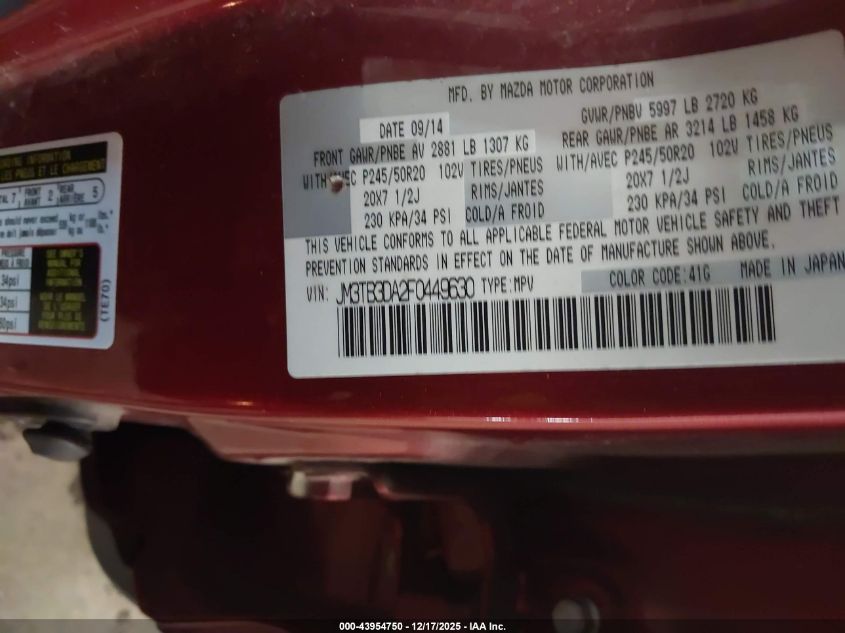 2015 Mazda Cx-9 Grand Touring VIN: JM3TB3DA2F0449630 Lot: 43954750