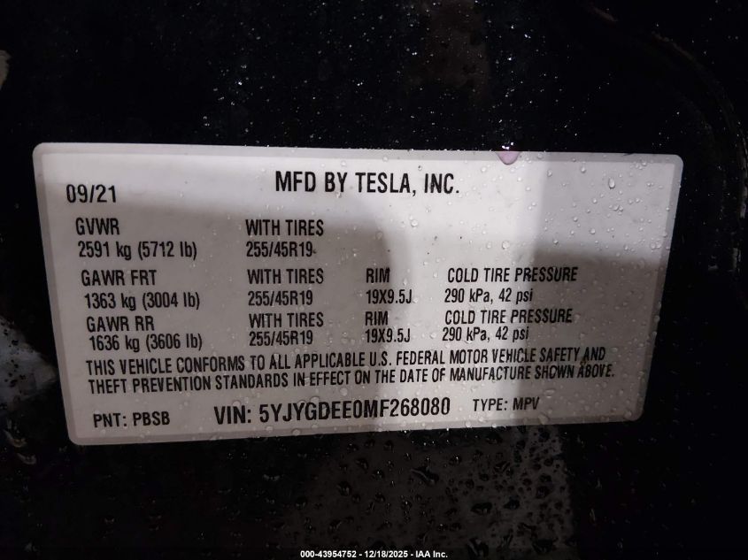 2021 Tesla Model Y Long Range Dual Motor All-Wheel Drive VIN: 5YJYGDEE0MF268080 Lot: 43954752