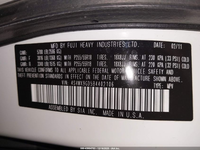 2011 Subaru Tribeca 3.6R Limited VIN: 4S4WX9GD5B4402106 Lot: 43954753