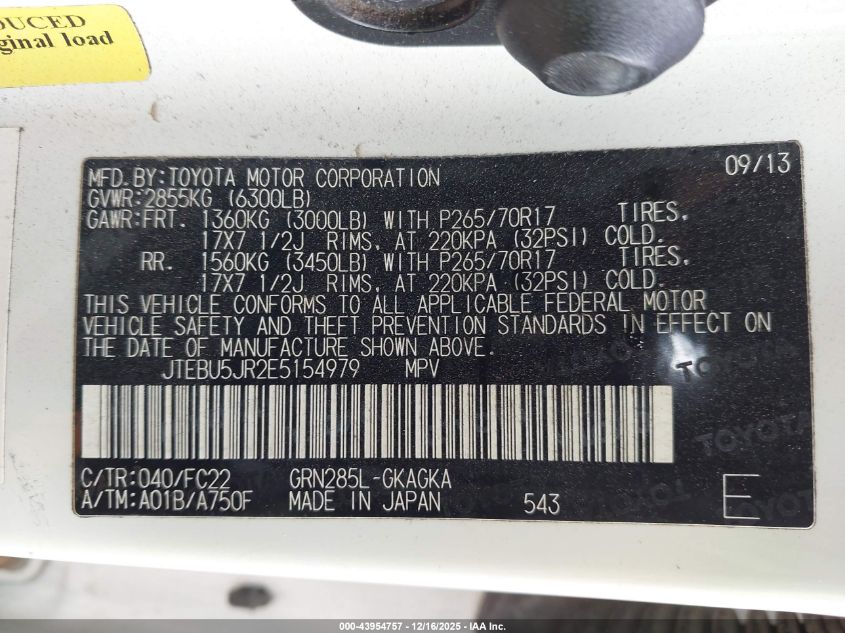 2014 Toyota 4Runner Trail VIN: JTEBU5JR2E5154979 Lot: 43954757