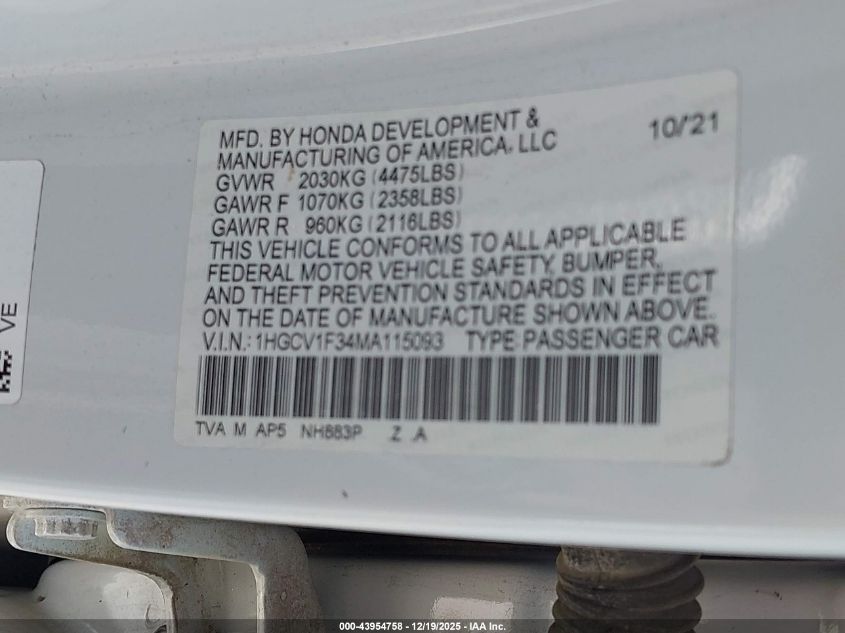 2021 Honda Accord Sport VIN: 1HGCV1F34MA115093 Lot: 43954758