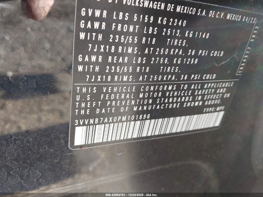 2023 Volkswagen Tiguan 2.0T Se VIN: 3VVNB7AX0PM101696 Lot: 43954761