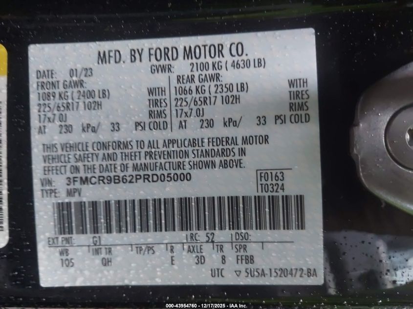 2023 Ford Bronco Sport Big Bend VIN: 3FMCR9B62PRD05000 Lot: 43954760