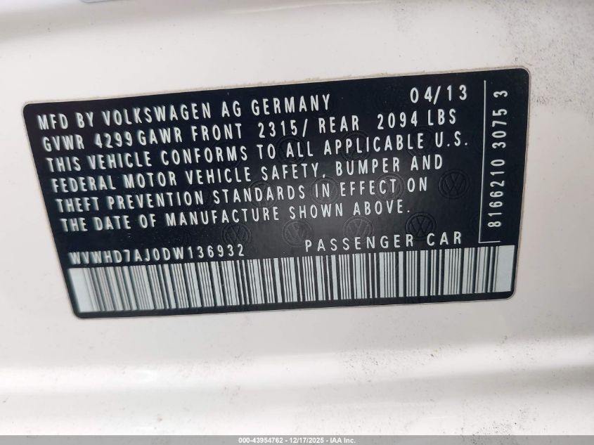2013 Volkswagen Gti Drivers Edition VIN: WVWHD7AJ0DW136932 Lot: 43954762