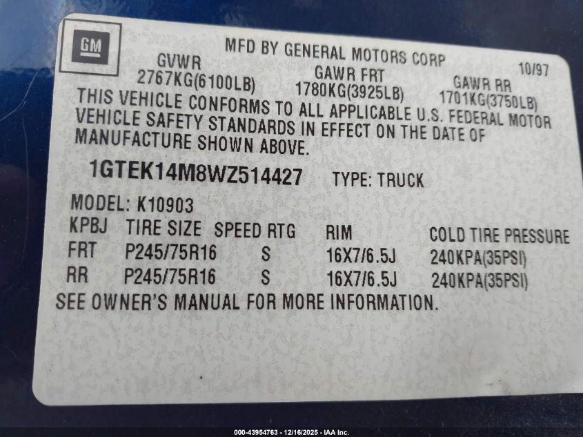 1998 GMC Sierra 1500 Sl Wideside VIN: 1GTEK14M8WZ514427 Lot: 43954763