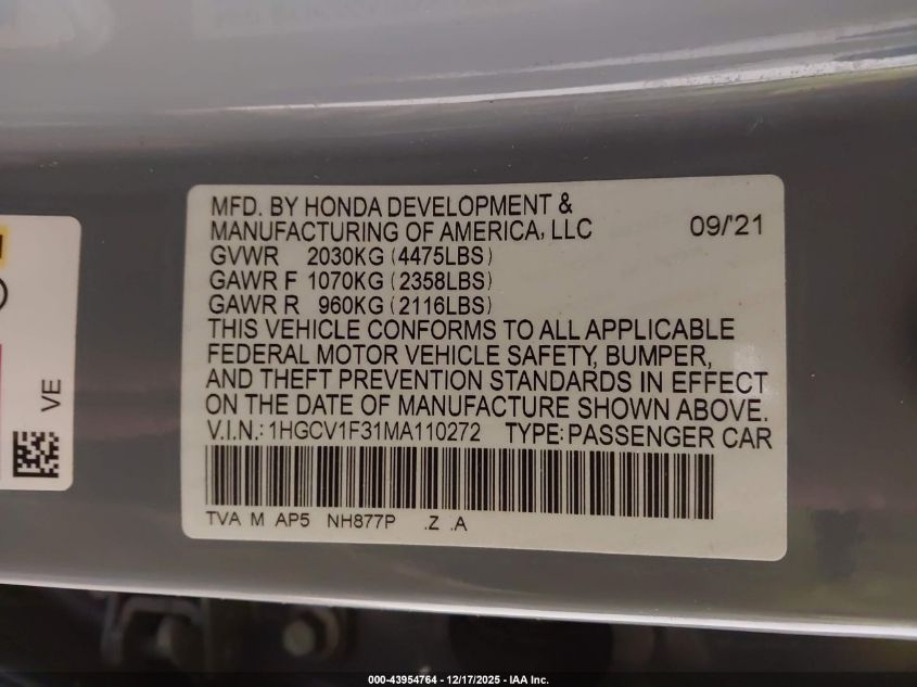 2021 Honda Accord Sport VIN: 1HGCV1F31MA110272 Lot: 43954764