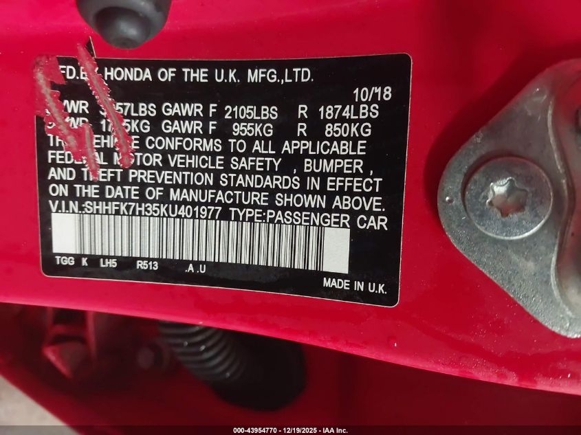 2019 Honda Civic Lx VIN: SHHFK7H35KU401977 Lot: 43954770
