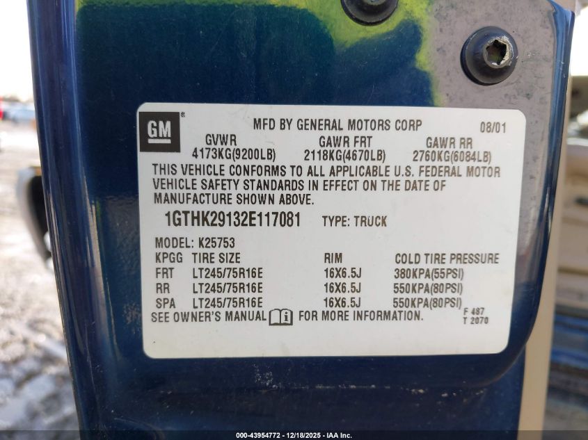 2002 GMC Sierra 2500Hd Sle VIN: 1GTHK29132E117081 Lot: 43954772