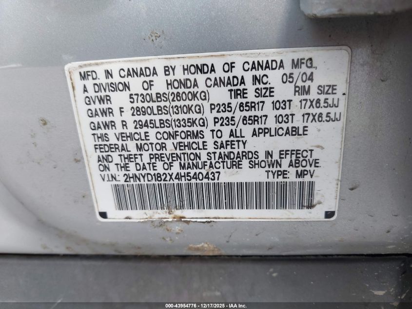 2004 Acura Mdx VIN: 2HNYD182X4H540437 Lot: 43954776