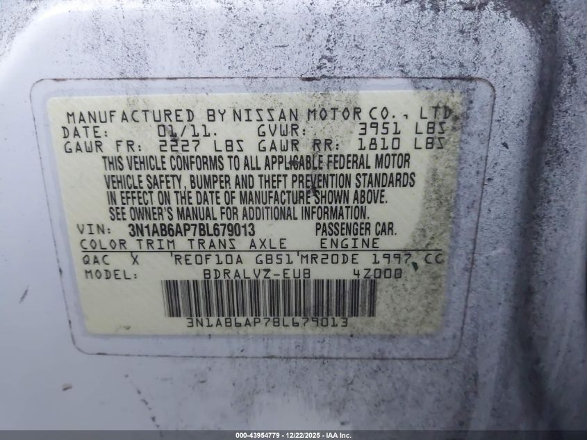 2011 Nissan Sentra 2.0Sl VIN: 3N1AB6AP7BL679013 Lot: 43954779