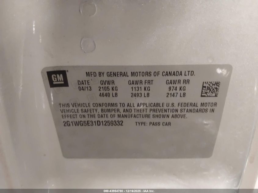 2013 Chevrolet Impala Lt VIN: 2G1WG5E31D1259332 Lot: 43954780