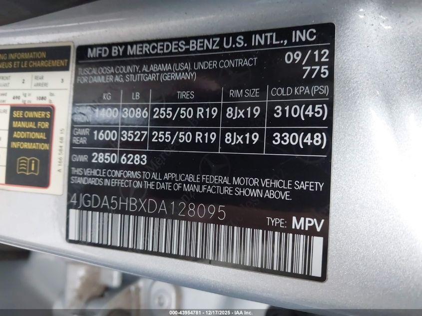 2013 Mercedes-Benz Ml 350 4Matic VIN: 4JGDA5HBXDA128095 Lot: 43954781