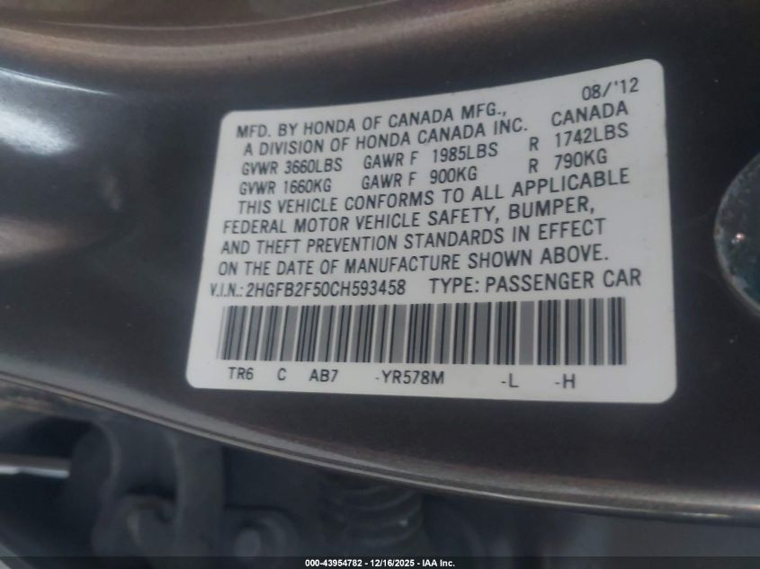 2012 Honda Civic Lx VIN: 2HGFB2F50CH593458 Lot: 43954782