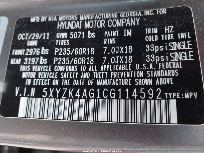 2012 Hyundai Santa Fe Limited V6 VIN: 5XYZK4AG1CG114592 Lot: 43954788