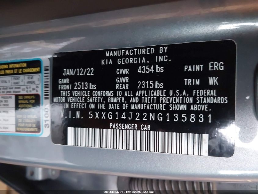 2022 Kia K5 Lxs VIN: 5XXG14J22NG135831 Lot: 43954791