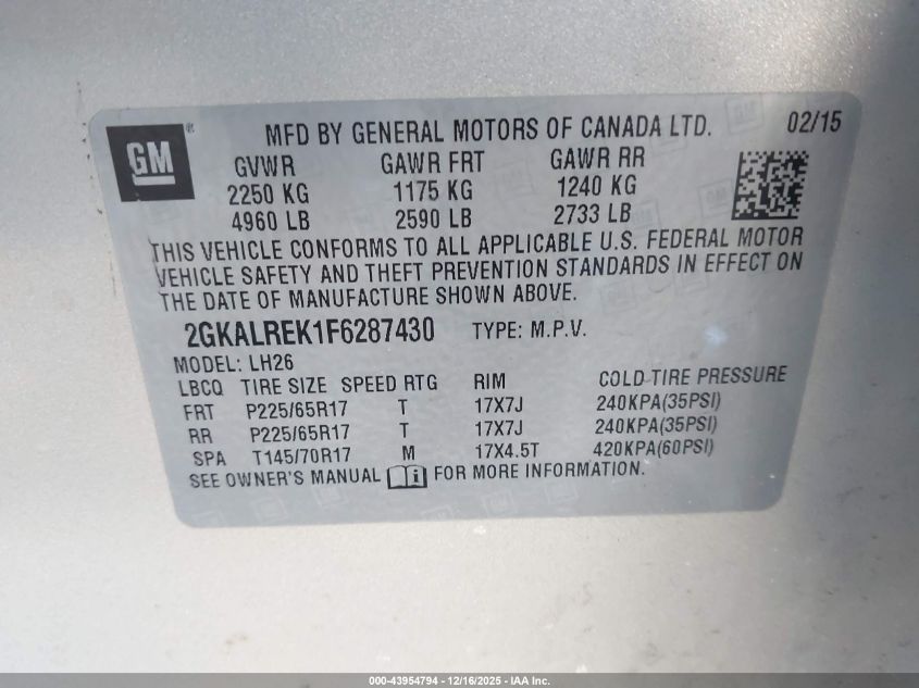 2015 GMC Terrain Sle-2 VIN: 2GKALREK1F6287430 Lot: 43954794