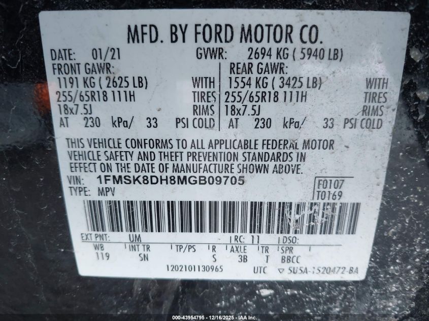 2021 Ford Explorer Xlt VIN: 1FMSK8DH8MGB09705 Lot: 43954795