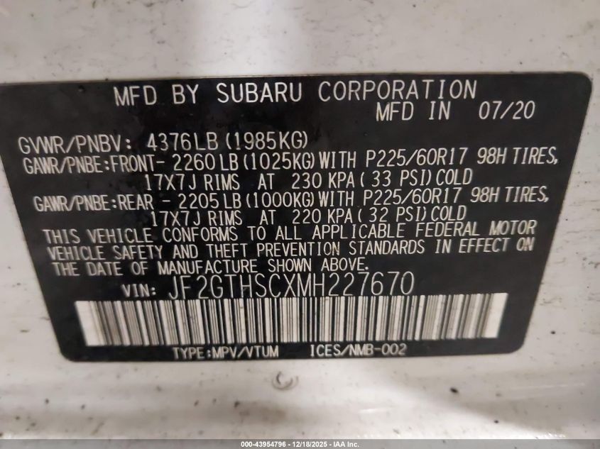 2021 Subaru Crosstrek Sport VIN: JF2GTHSCXMH227670 Lot: 43954796