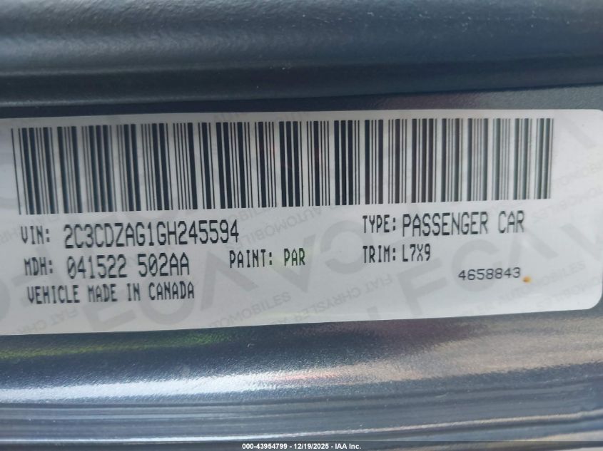 2016 Dodge Challenger Sxt VIN: 2C3CDZAG1GH245594 Lot: 43954799